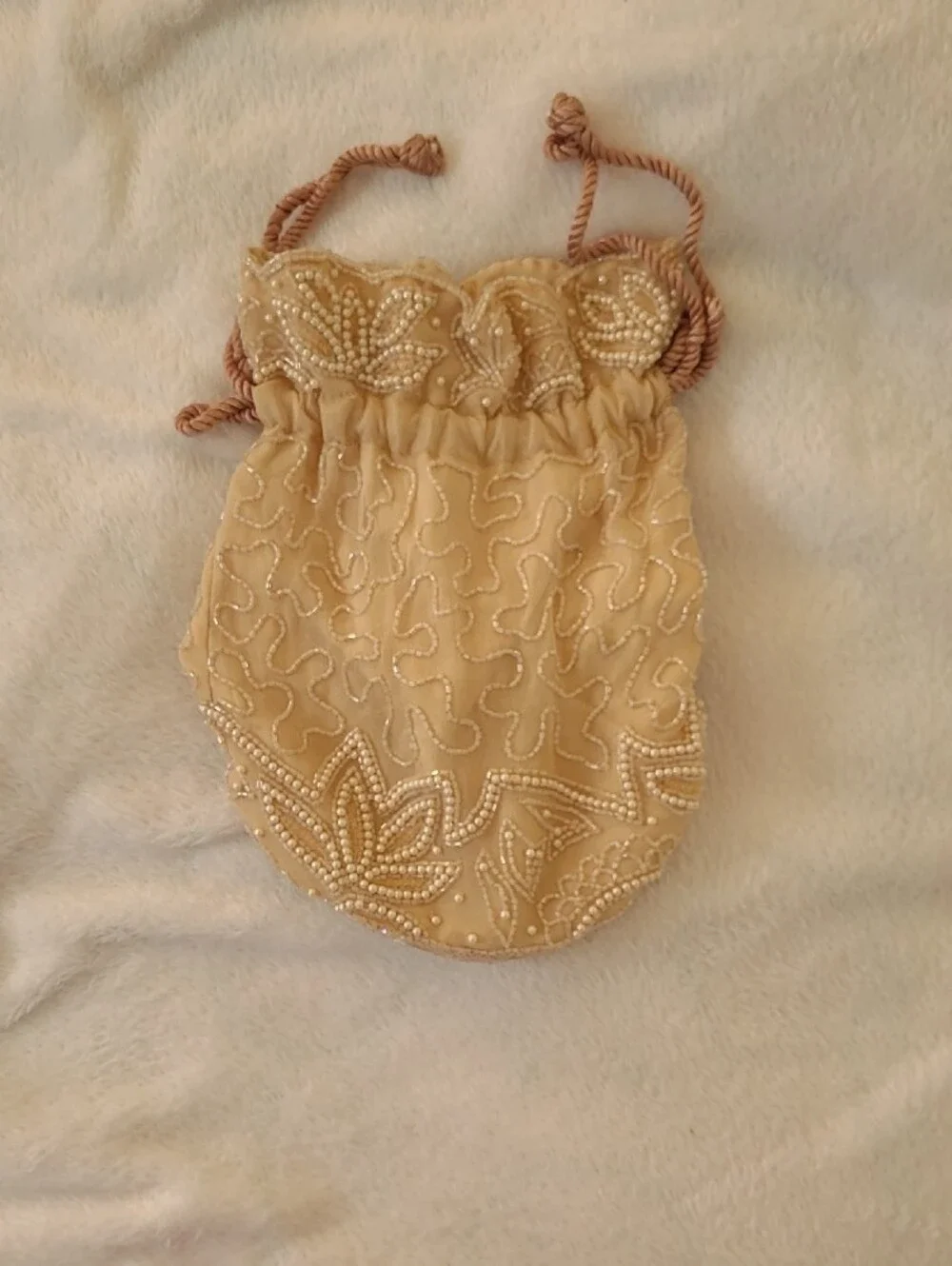 Mary McFadden Beaded Pearl-Embellished Neckline in Cream W/ Draw-string Bag